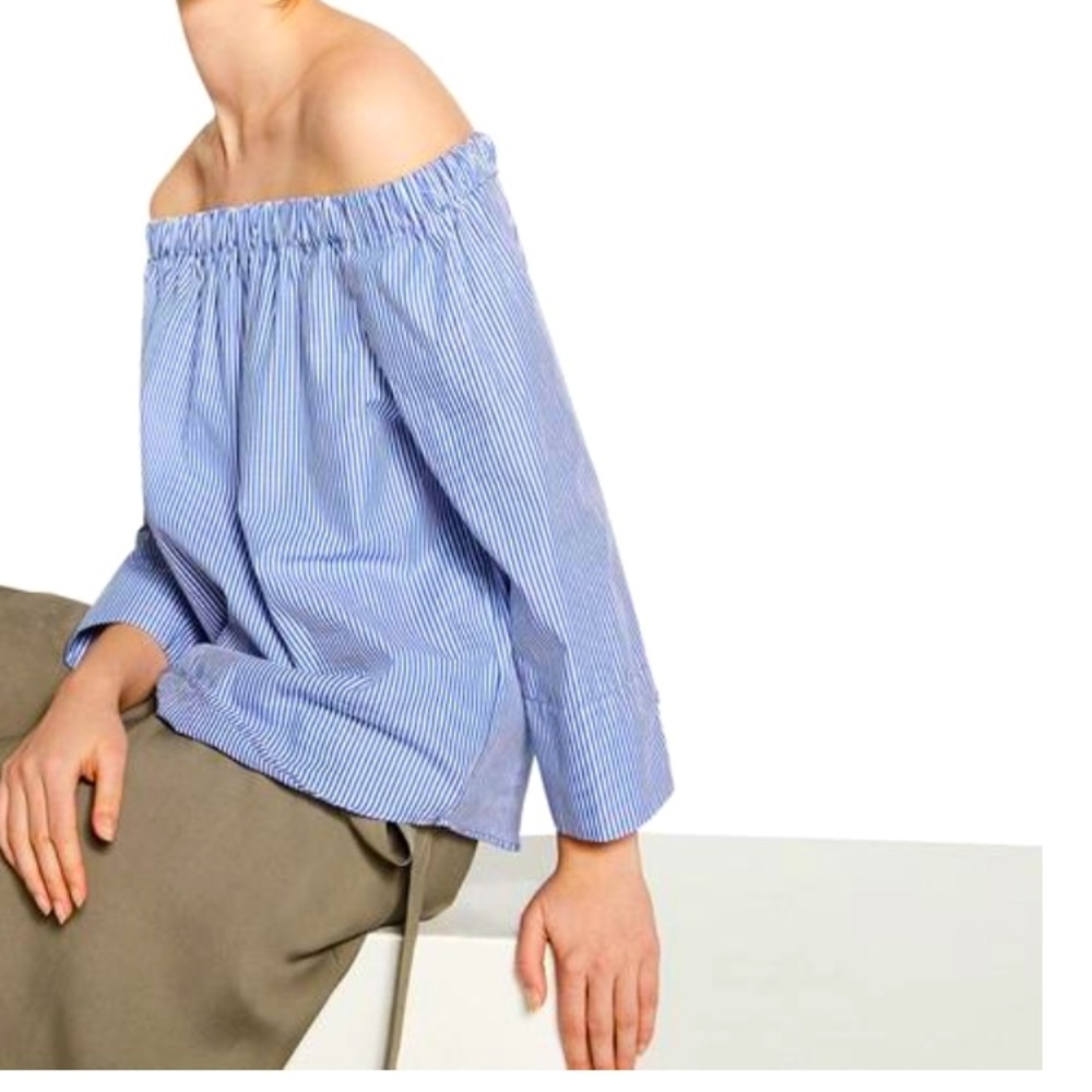 Zara off shoulder peasant blouse, pinstripe XS